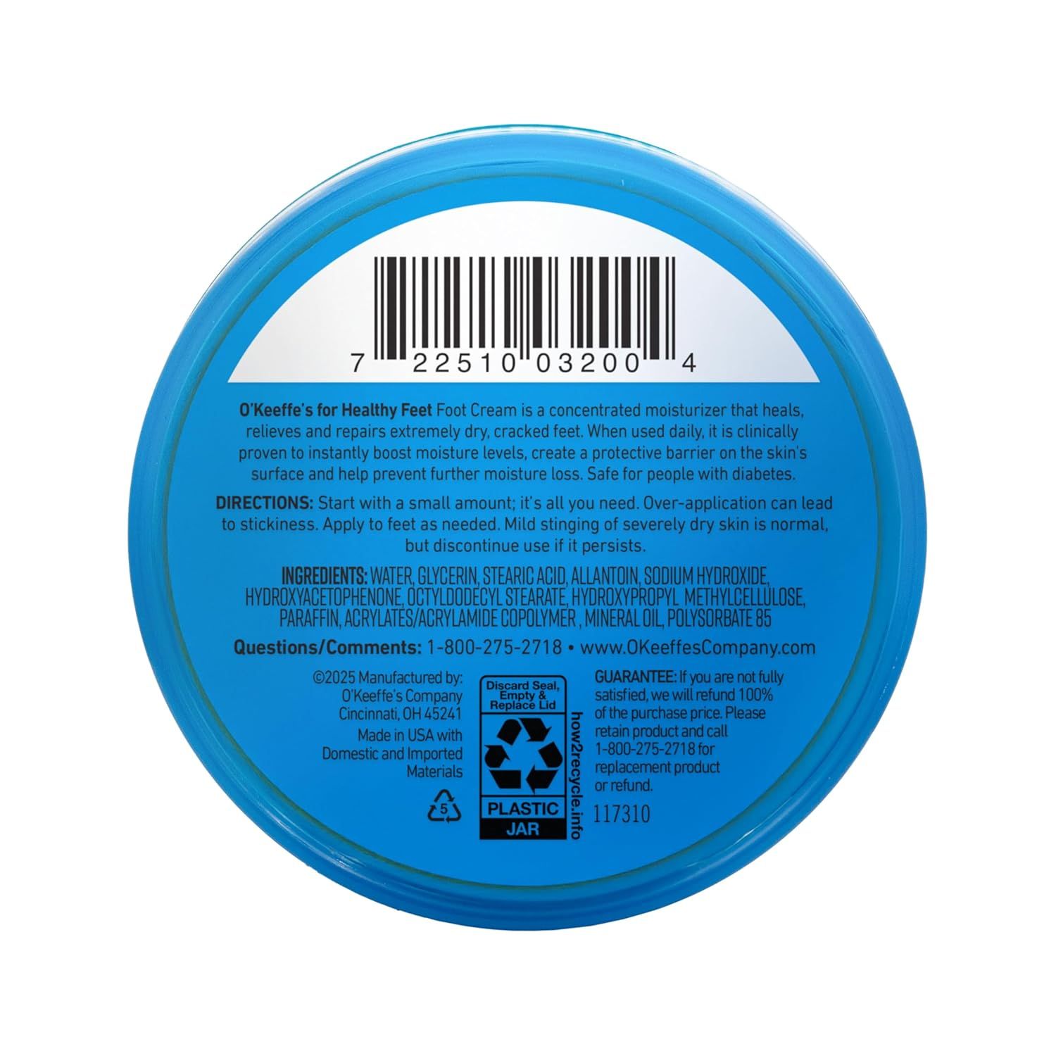 Shows the bottom of the product jar with barcode, ingredients, directions, and manufacturer information for informational and regulatory purposes.