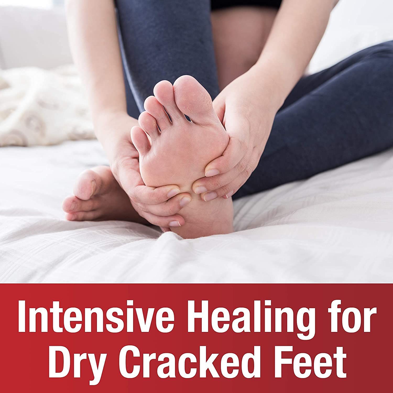 Communicates that the product provides intensive healing and relief for dry, cracked feet, targeting customers with this specific foot care concern.