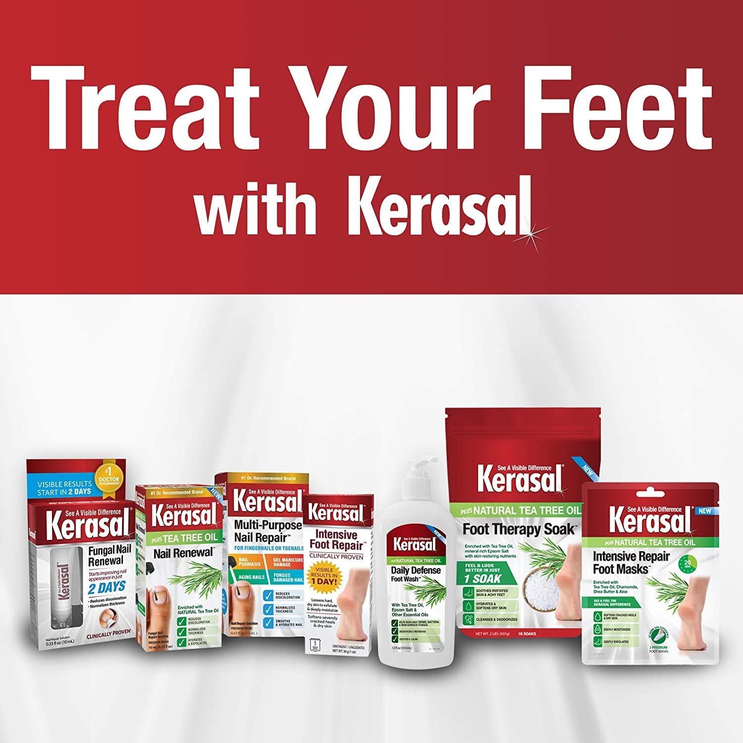 Showcases the Kerasal brand's complete foot care product lineup to help shoppers understand the range of solutions available and reinforce brand trust.