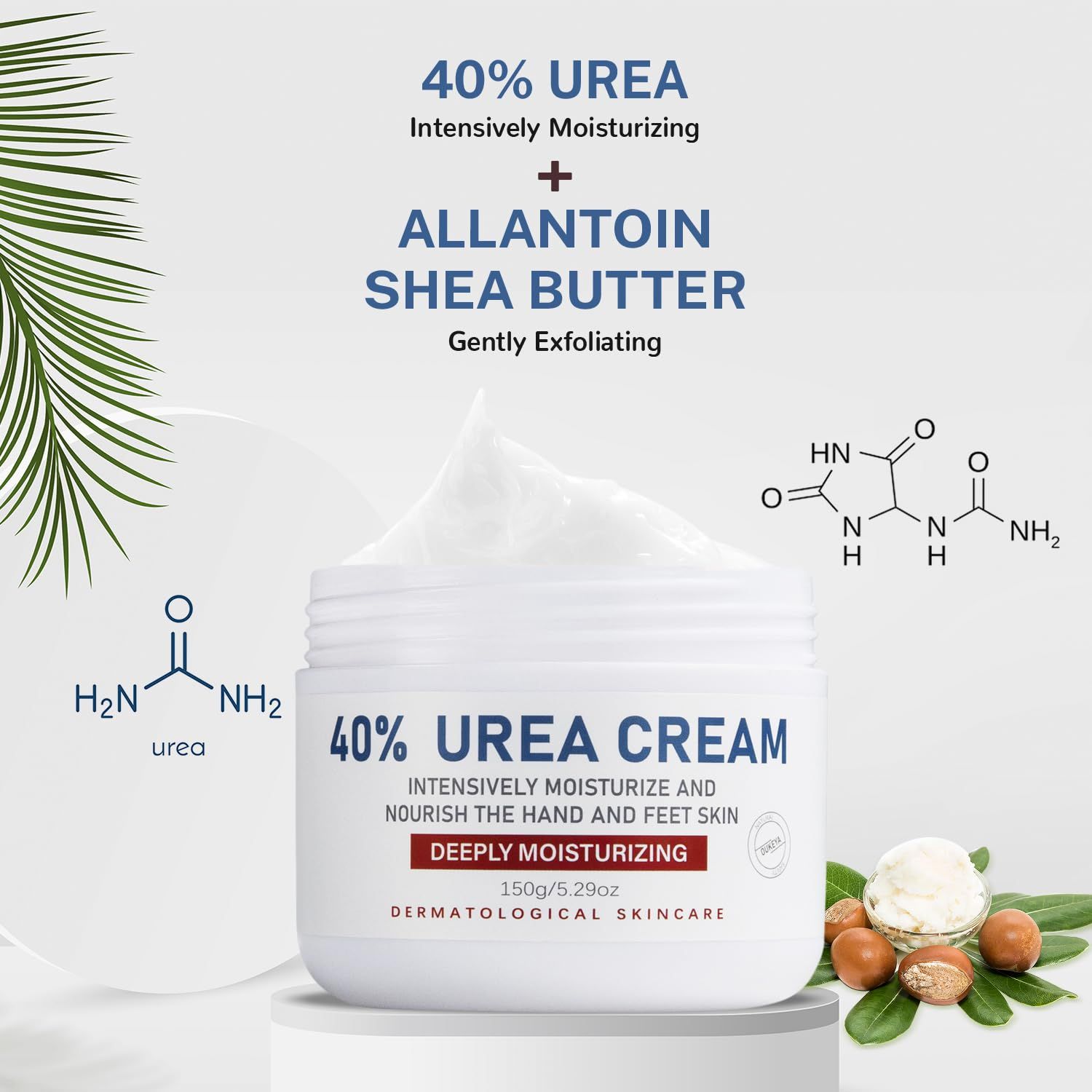 Breaks down the key active ingredients in the cream (40% Urea for intensive moisturizing, Allantoin and Shea Butter for gentle exfoliation) to educate shoppers about what makes the product effective.