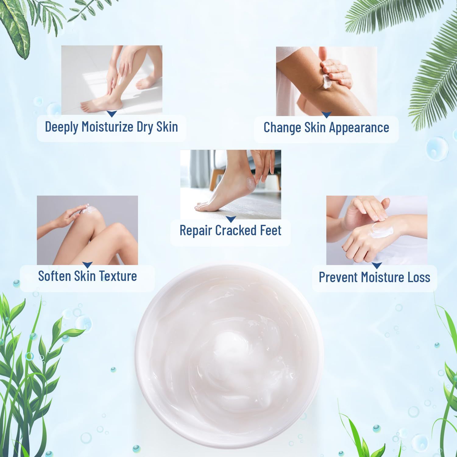 Showcases five distinct skincare benefits of the product in a segmented layout to demonstrate its versatility and comprehensive moisturizing capabilities.