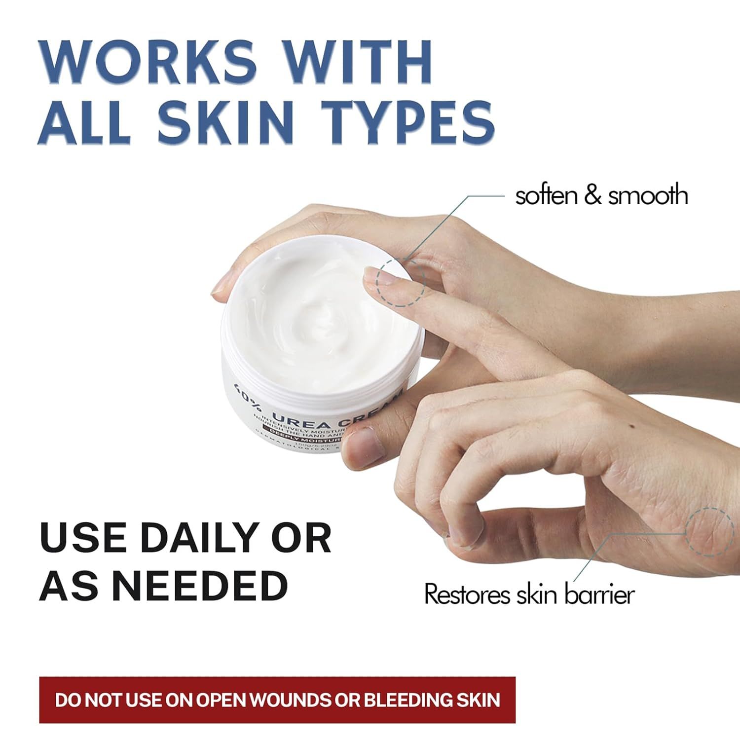 Communicates multiple benefits of the skincare product including universal compatibility, skin-softening effects, barrier restoration, and flexible usage frequency to reassure shoppers of its…