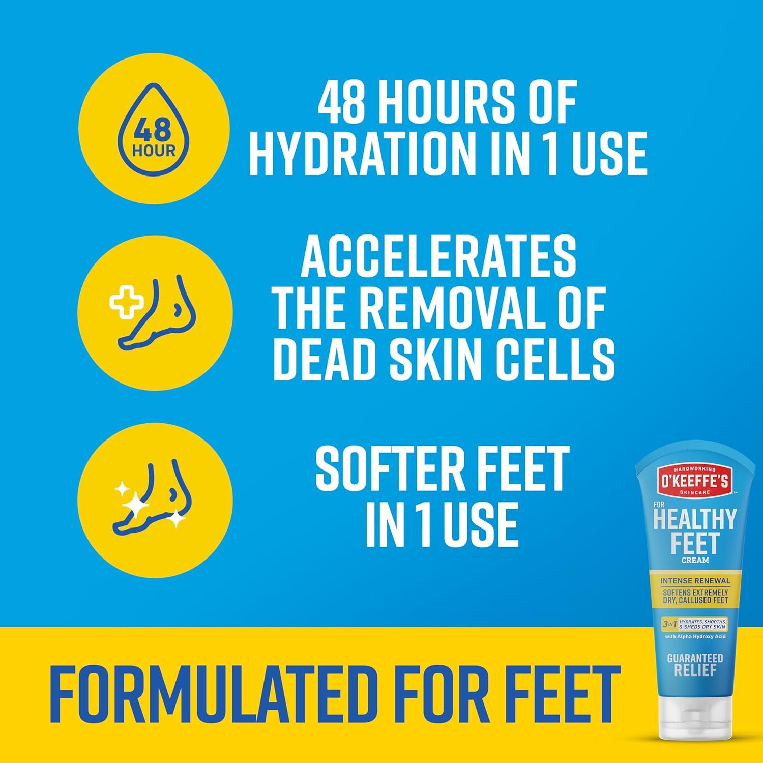 Communicates three distinct product benefits in a segmented layout to show shoppers the multiple ways this foot cream delivers results quickly and effectively.