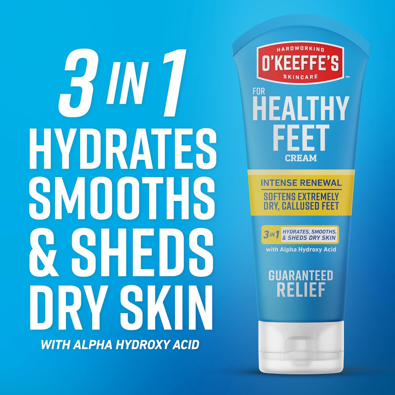 Communicates that this foot cream delivers three distinct benefits in one product—hydrating, smoothing, and shedding dry skin—to reassure shoppers of its comprehensive effectiveness.