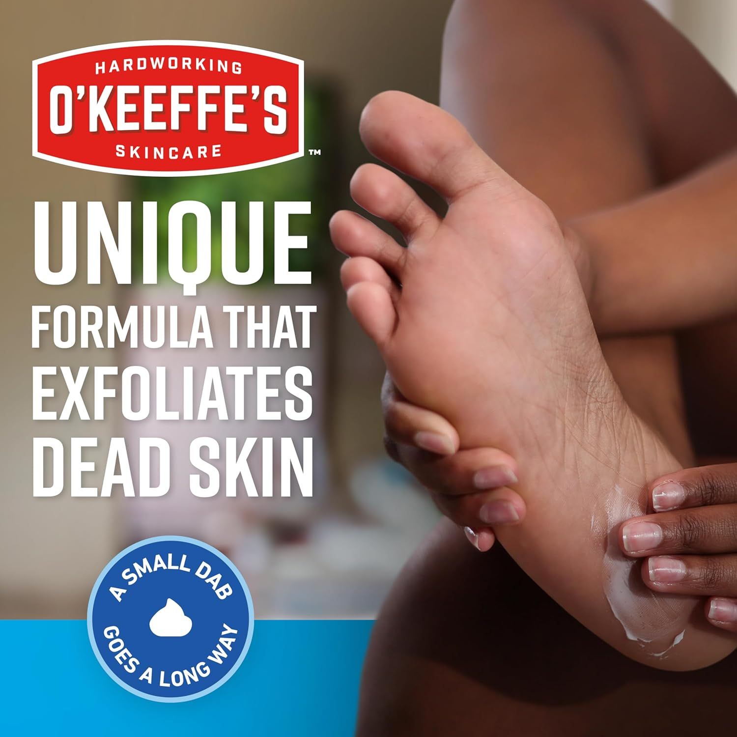 Communicates that the product has a unique exfoliating formula that removes dead skin, while emphasizing efficiency (a small dab goes a long way) to reassure shoppers of value and effectiveness.