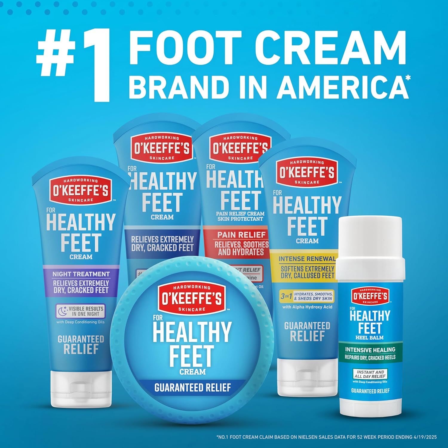 Communicates the brand's market leadership position and showcases the full O'Keeffe's foot care product portfolio to help shoppers understand the range of options available.