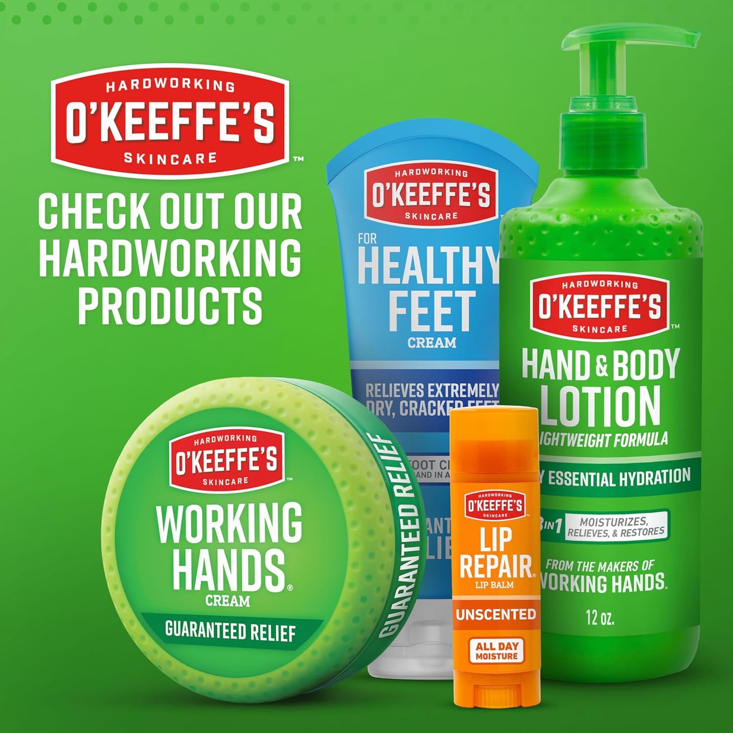 Showcases the O'Keeffe's product portfolio to help shoppers understand the brand's range of skincare solutions for hands, feet, body, and lips.