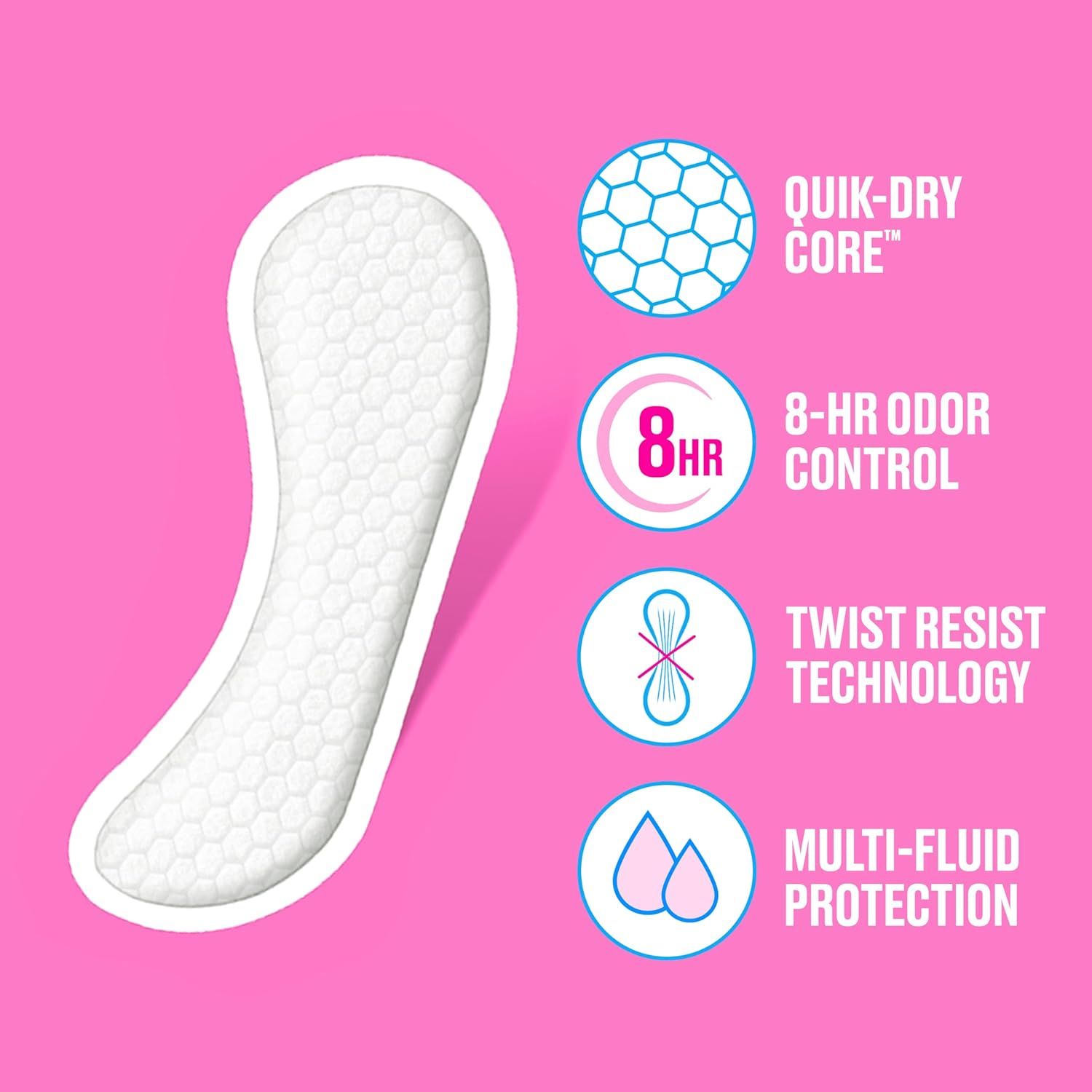 Communicates four distinct product benefits in a segmented layout to reassure shoppers about the pad's performance features including quick-drying, odor control, shape retention, and leak protection.