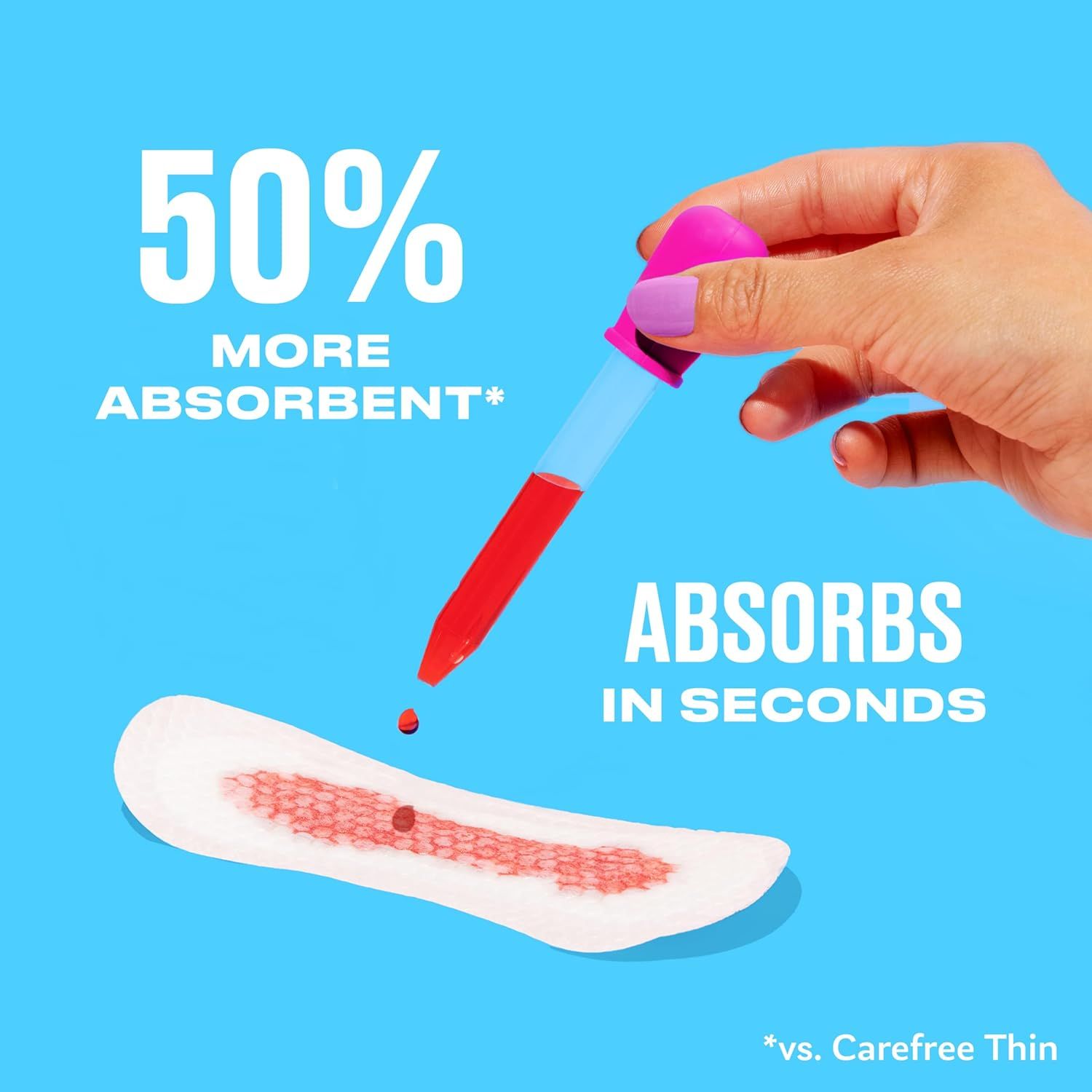 Communicates the product's superior absorbency performance with a quantifiable stat (50% more absorbent) and speed claim (absorbs in seconds) to demonstrate effectiveness compared to competitors.…