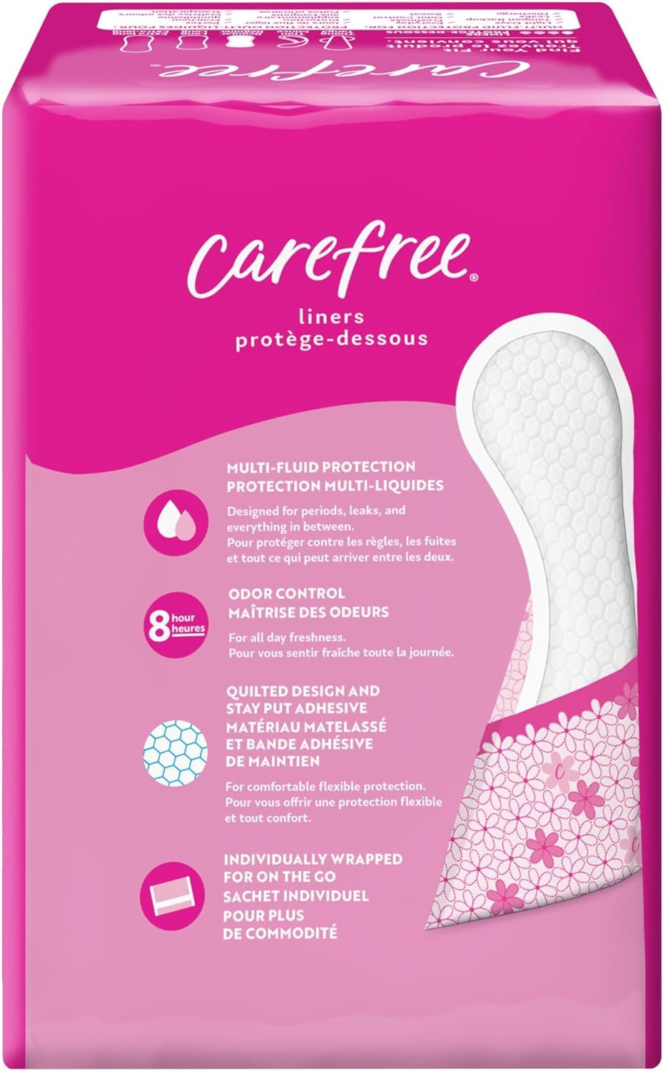 Communicates multiple distinct benefits of the product in a segmented layout with icons and text blocks, showing shoppers why this liner is effective for protection, freshness, comfort, and…