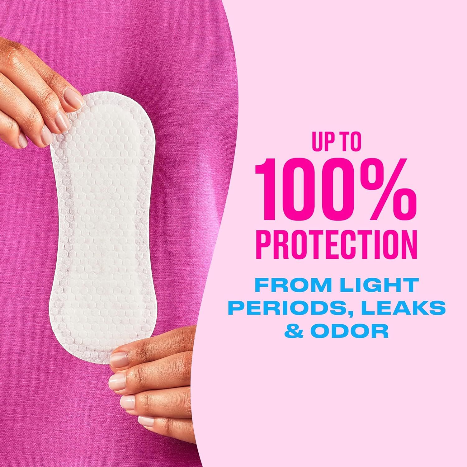 Communicates the product's maximum protection capability with a bold quantifiable claim to reassure shoppers about effectiveness against light periods, leaks, and odor. Highlights the comprehensive…