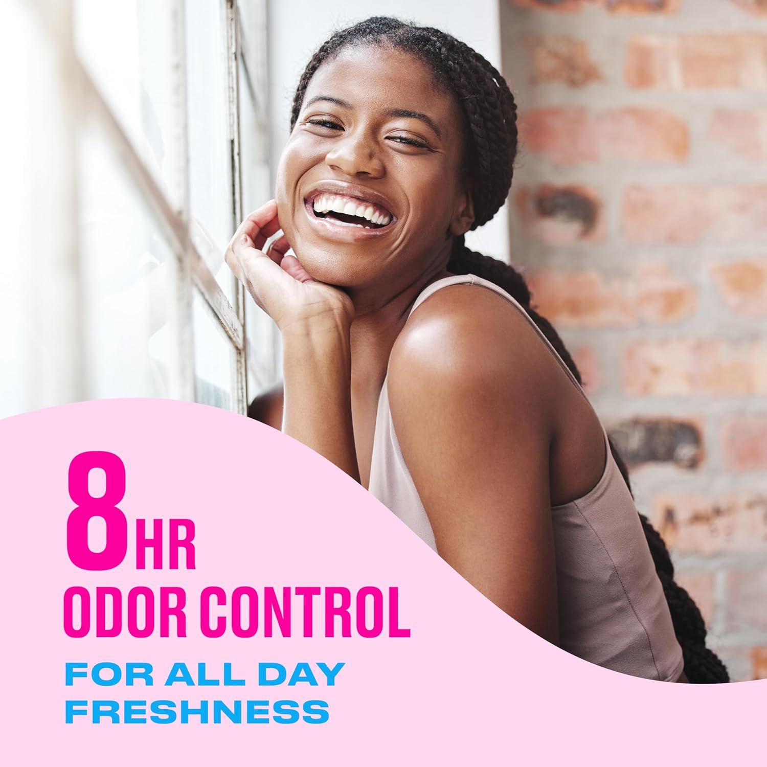 Communicates the product's long-lasting odor protection performance to reassure shoppers they'll stay fresh throughout the day. Highlights the core benefit of all-day freshness and confidence…