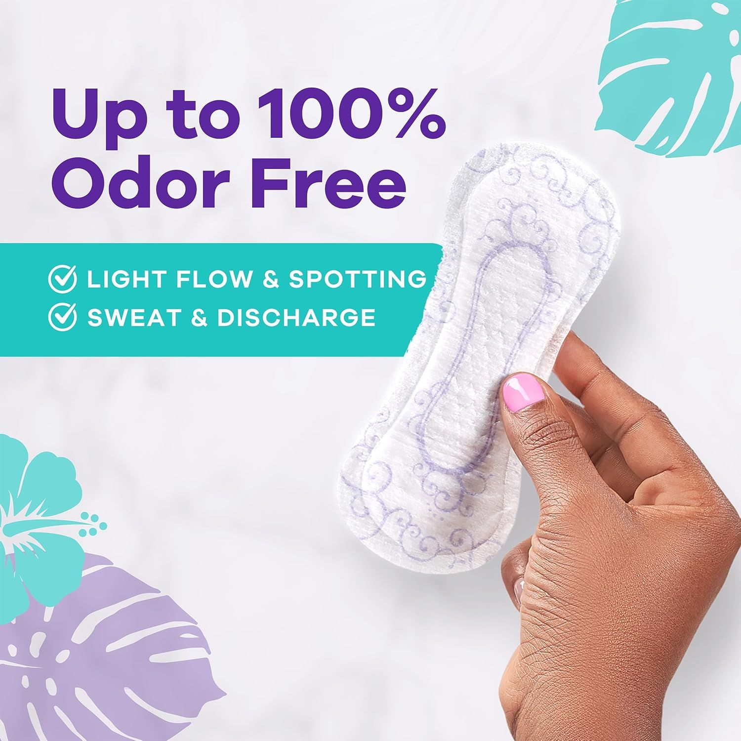 Communicates multiple benefits of the pad including odor elimination and suitability for various light flow situations to reassure shoppers of its versatility and effectiveness.