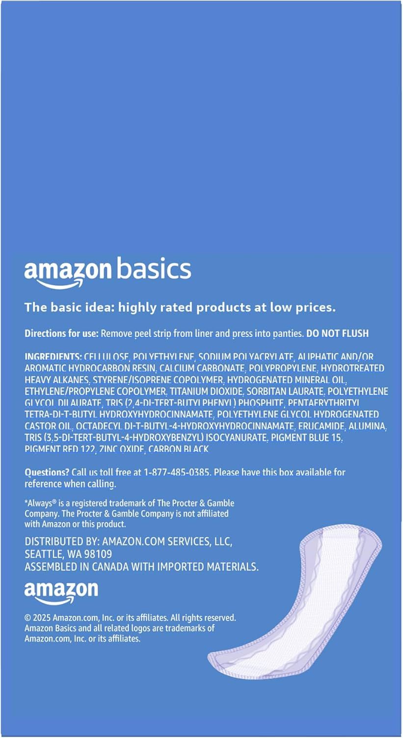 Communicates the Amazon Basics brand promise of highly rated products at low prices while providing product usage directions, ingredients, and company information.