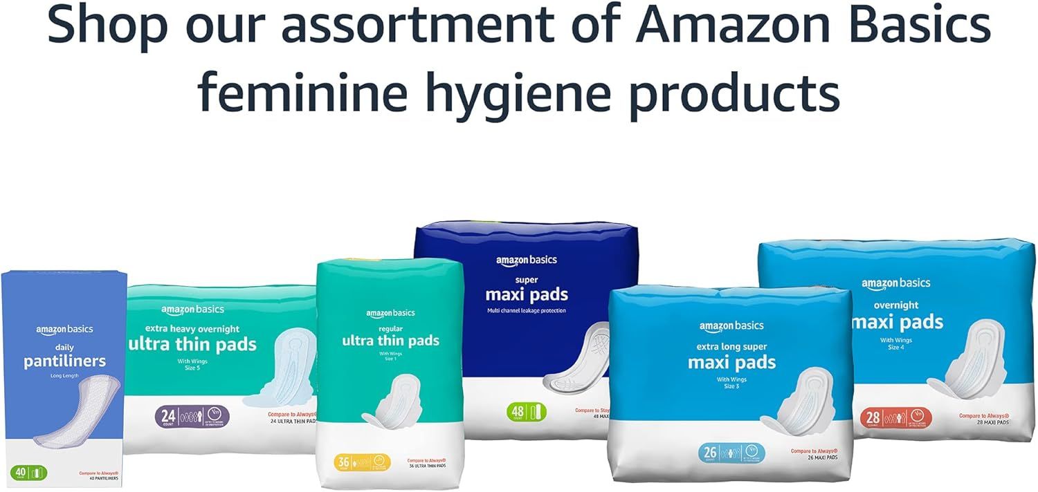 Showcases the variety of Amazon Basics feminine hygiene products available, helping shoppers understand the brand's full product lineup and choose the right option for their needs.
