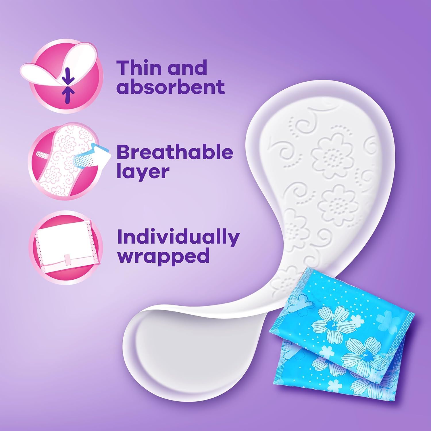 Communicates three distinct product benefits in a segmented layout to reassure shoppers about the pad's comfort, absorbency, breathability, and hygienic packaging.
