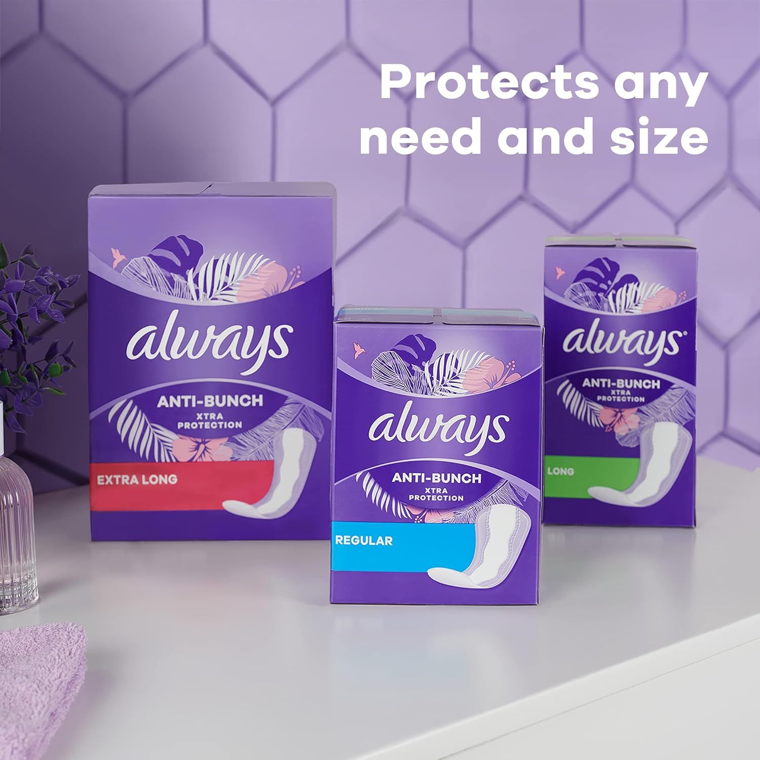 Showcases the Always brand's product lineup with three different size options (Extra Long, Regular, Long) to help shoppers choose the right variant for their needs.