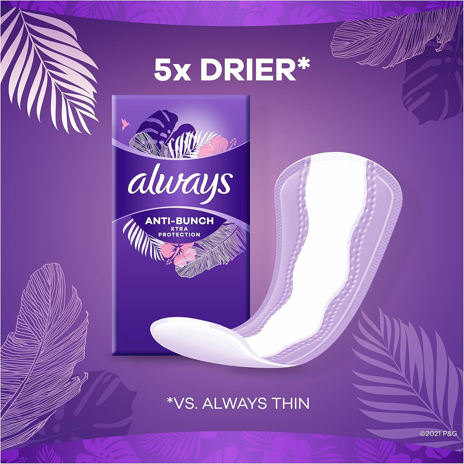 Communicates a quantifiable performance claim that the product is 5 times drier compared to the brand's thin version, emphasizing superior absorbency and anti-bunching protection. Highlights the key…