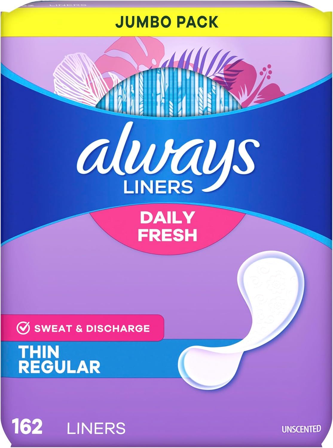 Displays the product packaging clearly to show shoppers exactly what they will receive, including the jumbo pack size, brand identity, and key product details like 'Daily Fresh' and '162 liners'.