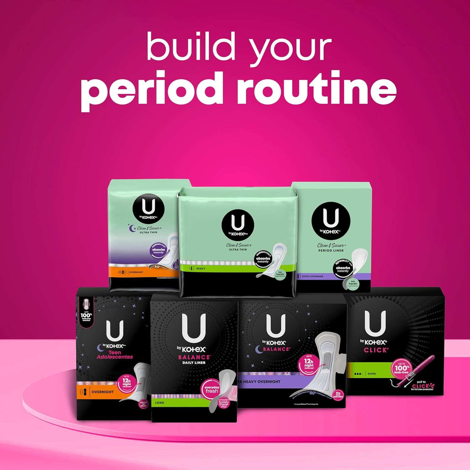 Displays the full range of U by Kotex period care products to help shoppers understand the brand's complete lineup and choose the right product for their needs.
