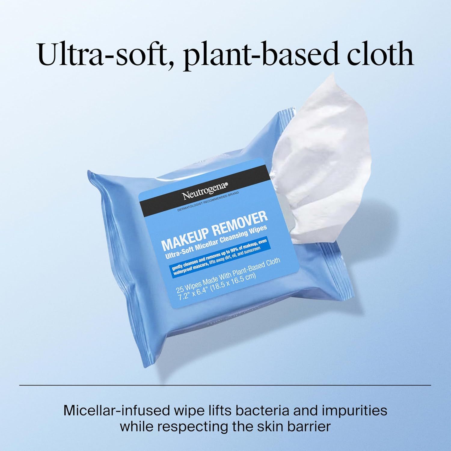 Highlights the product's gentle, plant-based material and micellar cleansing technology to communicate effective yet skin-friendly makeup removal.