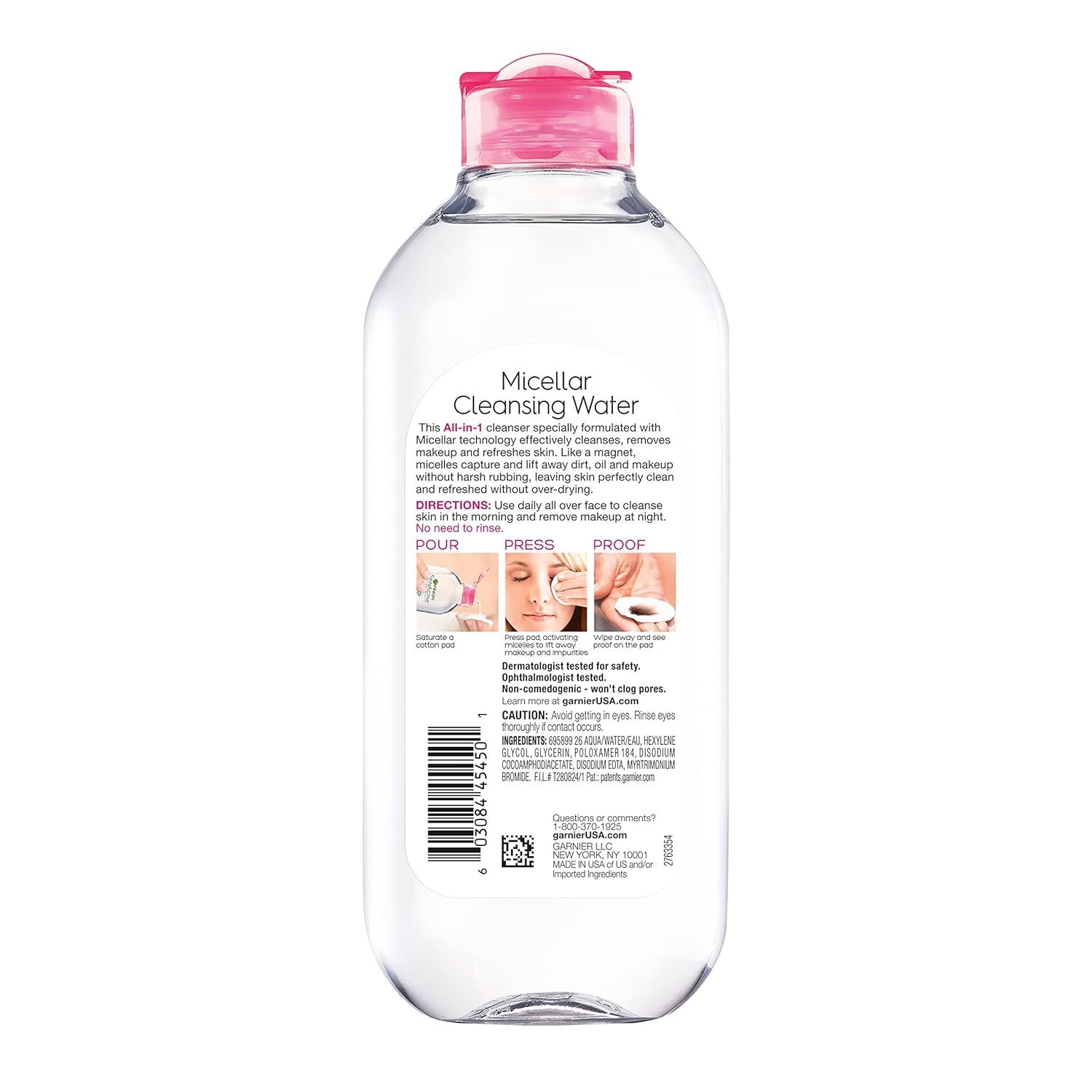 Demonstrates the simple three-step usage process (pour, press, proof) to show shoppers how easy it is to use the micellar cleansing water for makeup removal. Reassures shoppers that the product is…