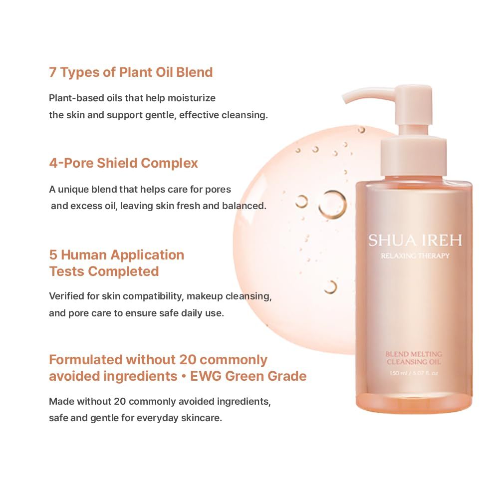 Communicates multiple distinct product benefits in a segmented layout, highlighting the cleansing oil's plant-based ingredients, pore care technology, safety testing, and clean formulation to…