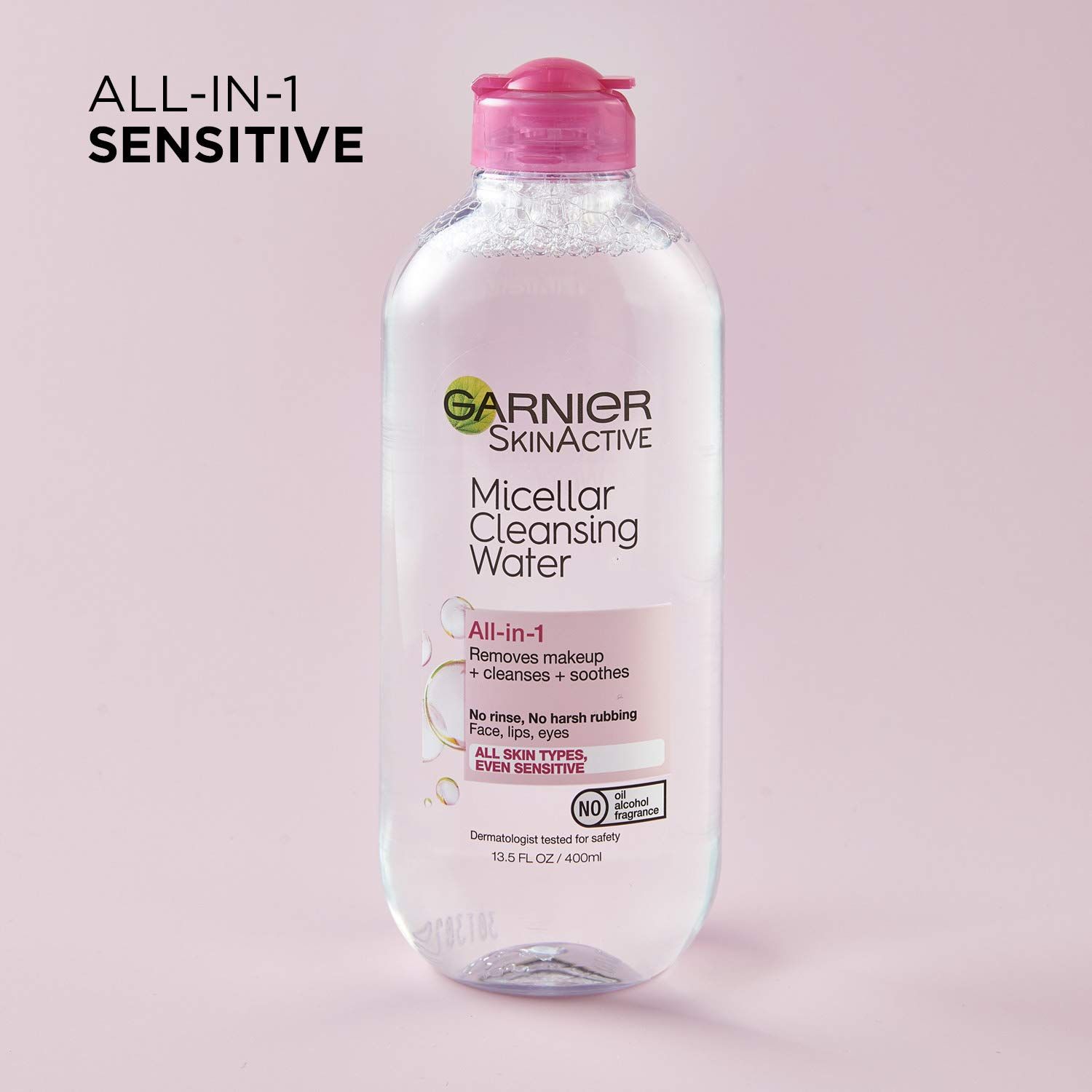 Communicates multiple benefits of the micellar water in a segmented layout, emphasizing its all-in-one functionality, gentle formula, and suitability for all skin types including sensitive skin.
