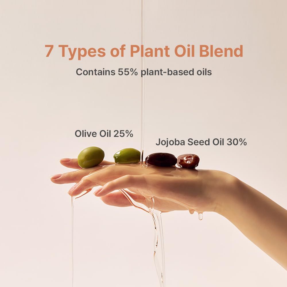 Communicates the product's natural ingredient composition by highlighting the 7-type plant oil blend with 55% plant-based oils, specifically calling out Olive Oil (25%) and Jojoba Seed Oil (30%) to…