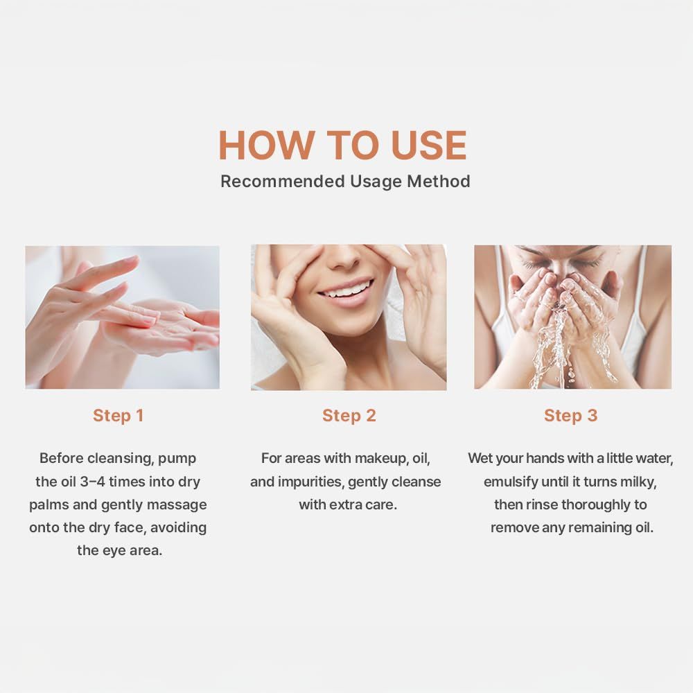 Provides clear step-by-step instructions on how to properly apply the cleansing oil product, from pumping onto dry skin to emulsifying and rinsing, helping shoppers understand the correct usage…