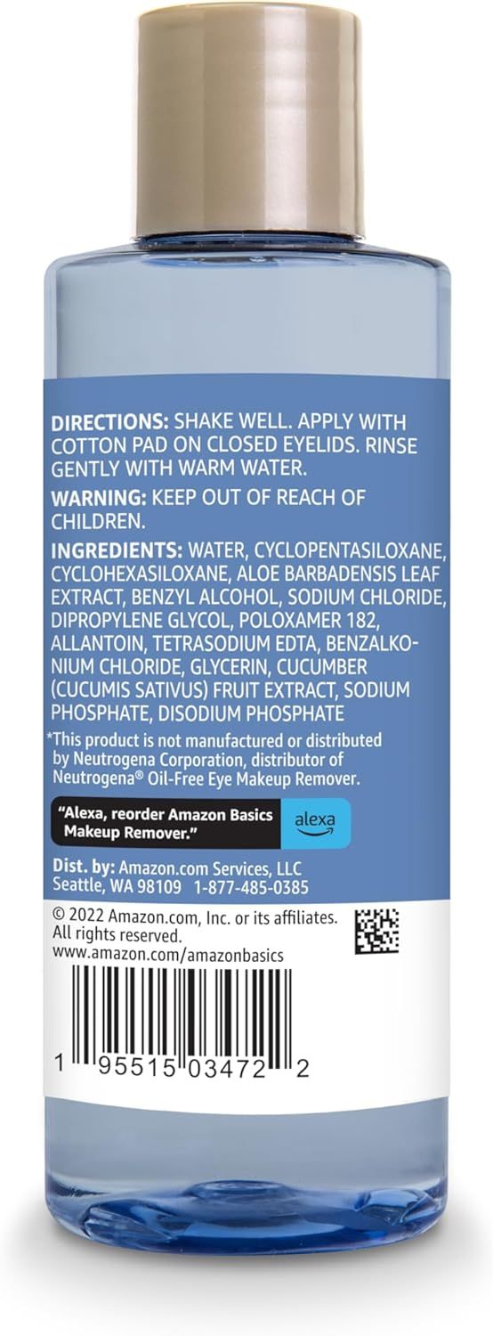 Shows the back label of the makeup remover bottle with directions, warnings, ingredients, and product information for shoppers who want to read detailed usage instructions and contents.