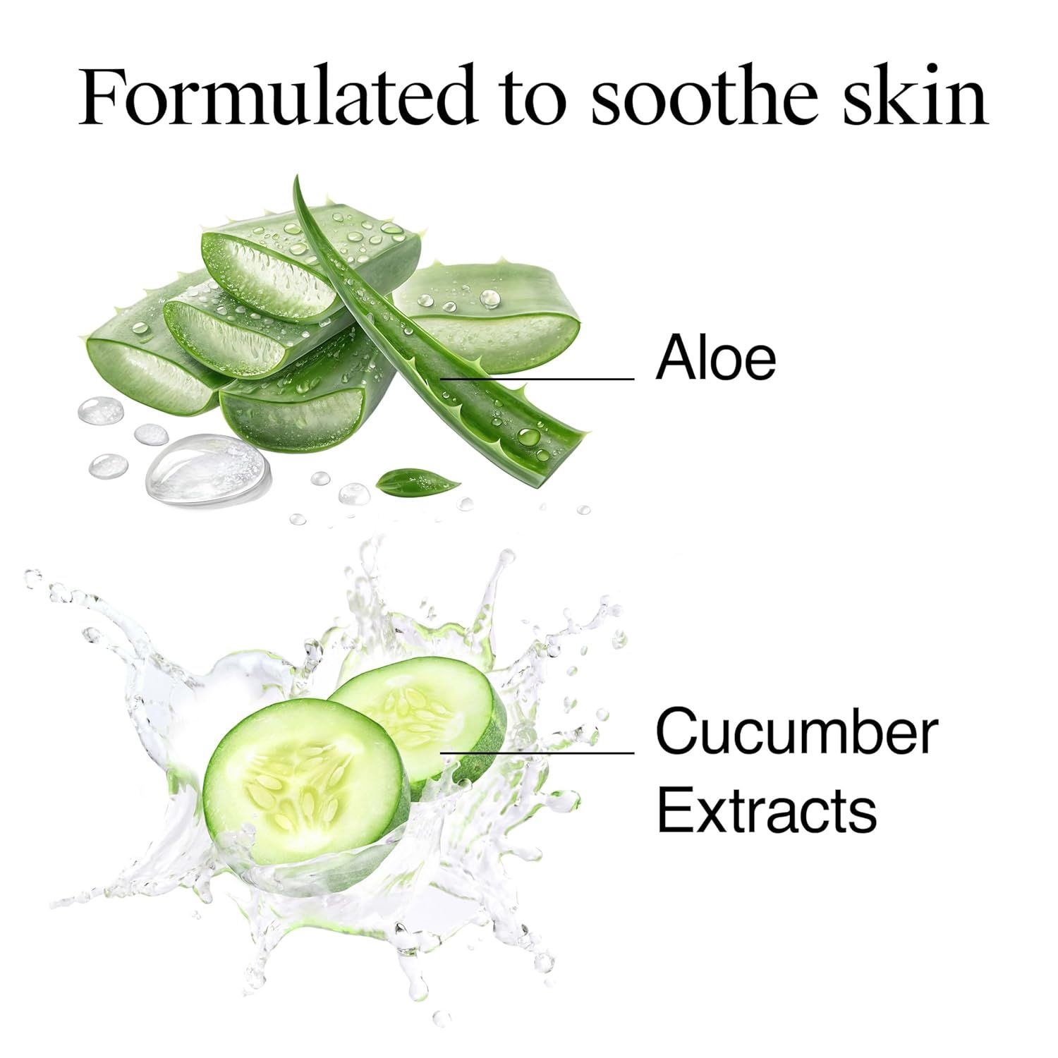 Highlights the key natural ingredients (aloe and cucumber extracts) in the product formulation to communicate soothing and natural skincare benefits.
