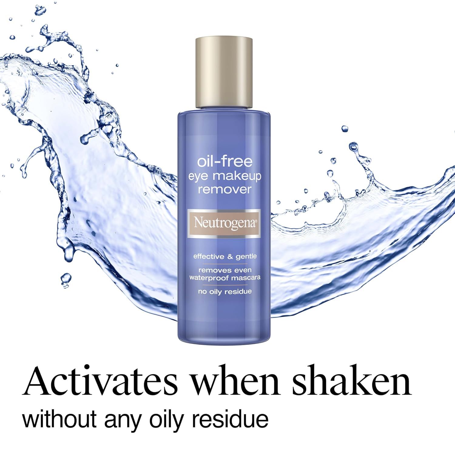 Communicates that the product is an oil-free eye makeup remover that activates when shaken, leaving no oily residue, appealing to shoppers seeking effective yet gentle makeup removal.