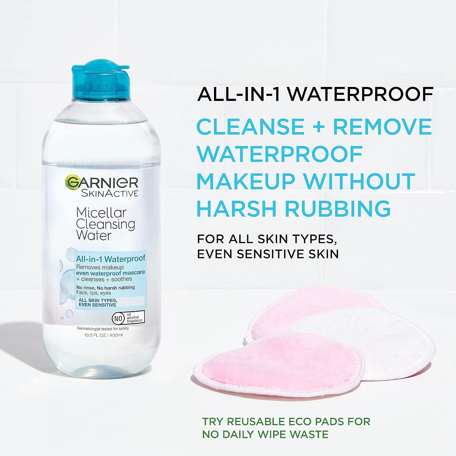 Communicates multiple benefits of the micellar water including waterproof makeup removal, gentle application without harsh rubbing, suitability for all skin types including sensitive skin, and…