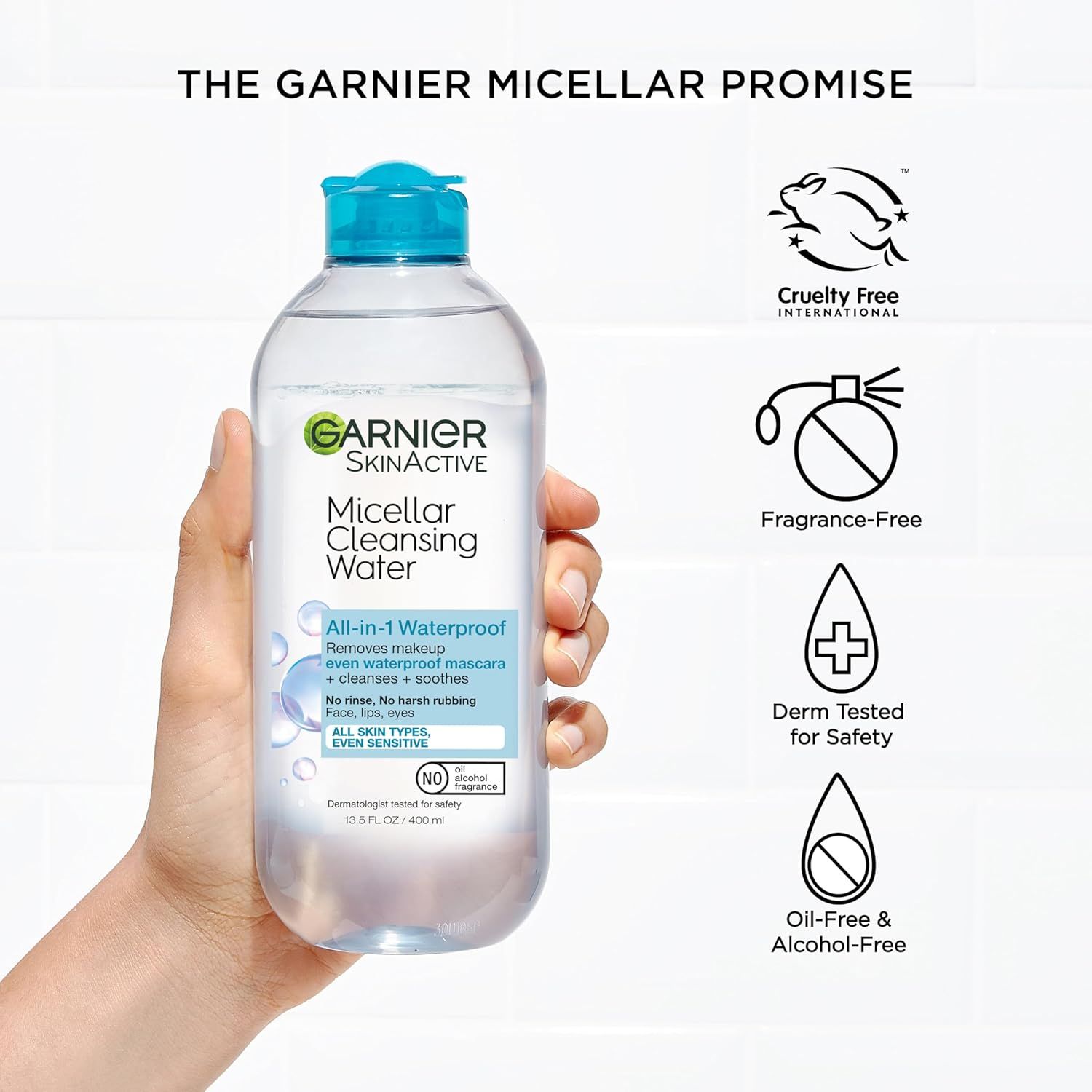Communicates multiple product benefits and safety features through a segmented layout with icons, reassuring shoppers that the micellar water is gentle, safe, and ethically made.