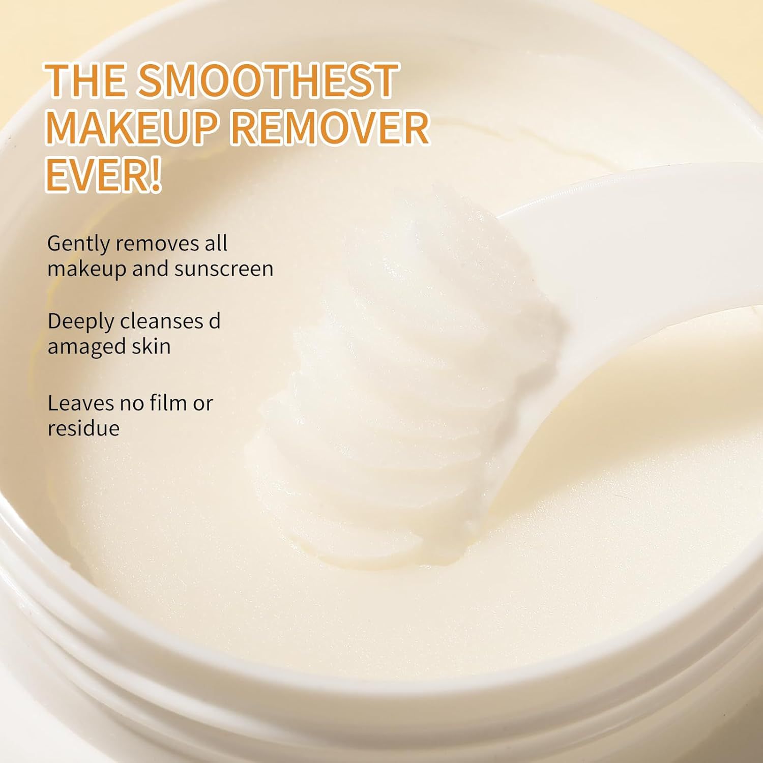 Communicates three distinct benefits of the makeup remover: gentle removal of makeup and sunscreen, deep cleansing for damaged skin, and leaving no film or residue.