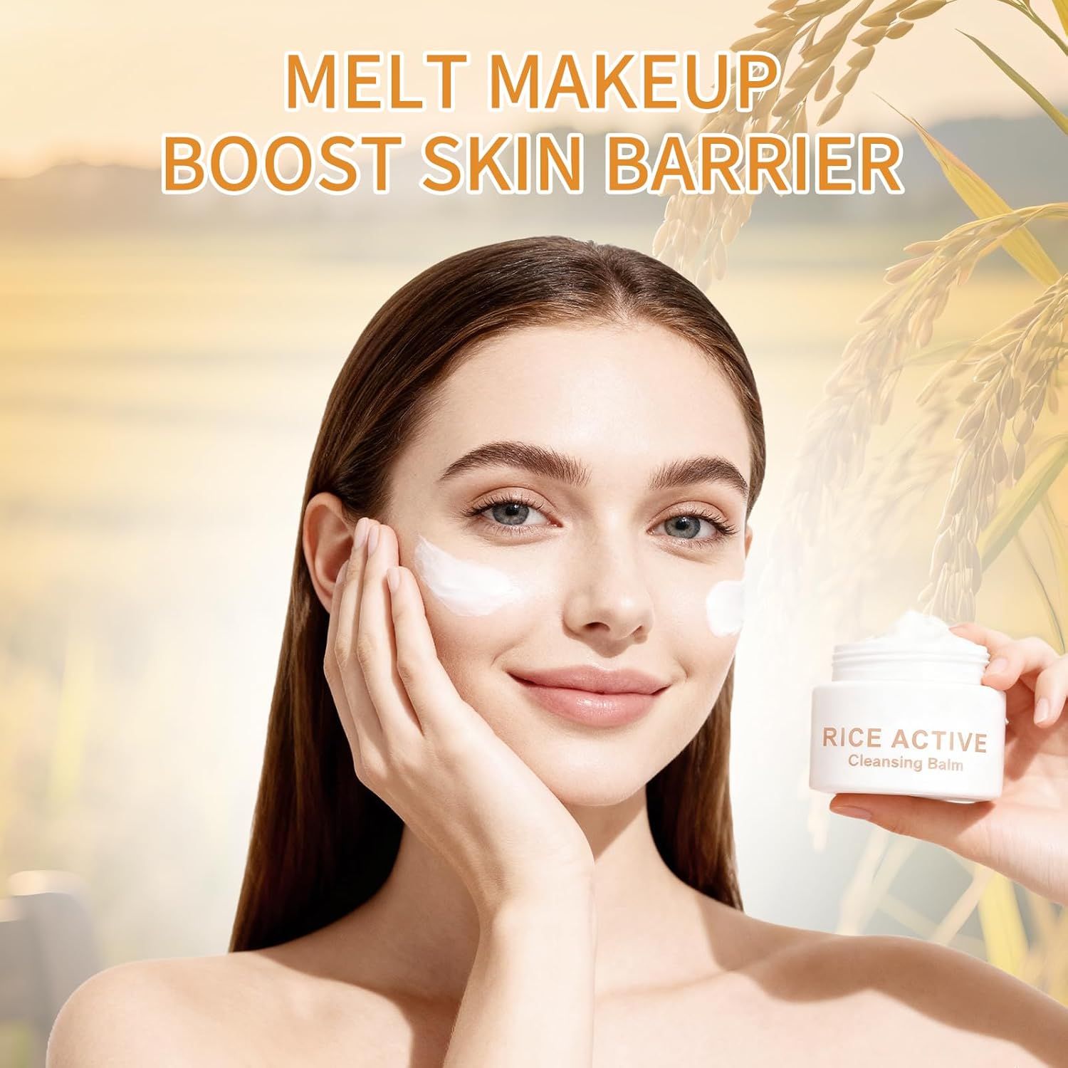 Communicates two distinct benefits of the cleansing balm: its ability to melt away makeup and its function in boosting the skin's protective barrier, reassuring shoppers of dual skincare benefits.