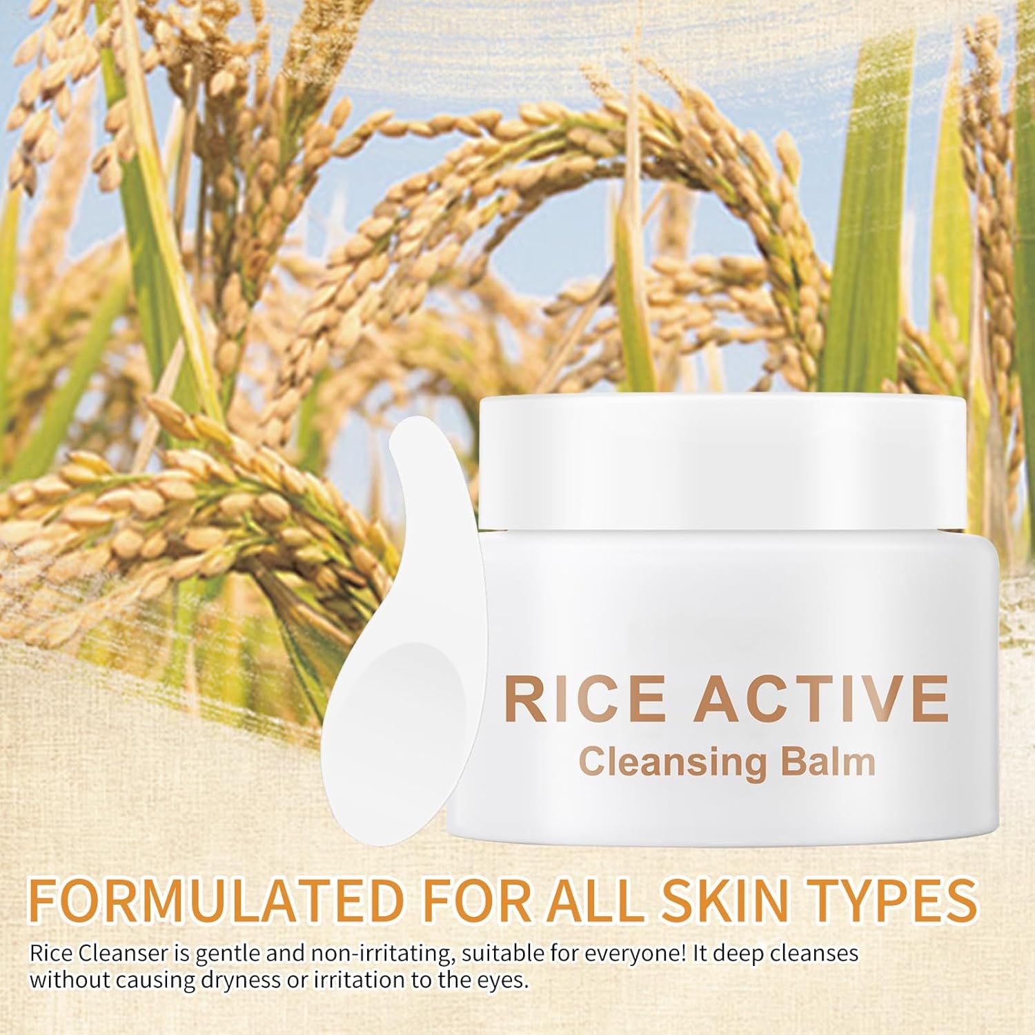 Communicates that the rice-based cleansing balm is gentle, non-irritating, and suitable for all skin types, reassuring shoppers about its universal compatibility and safe formulation.