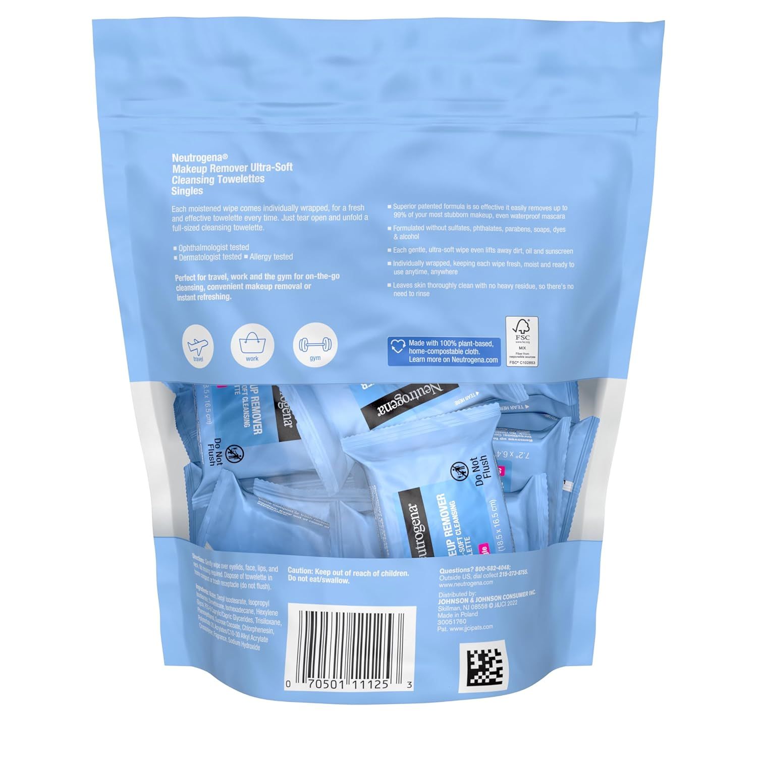 Shows the customer what they receive inside the package—individually wrapped makeup remover towelettes—to communicate convenience and freshness.