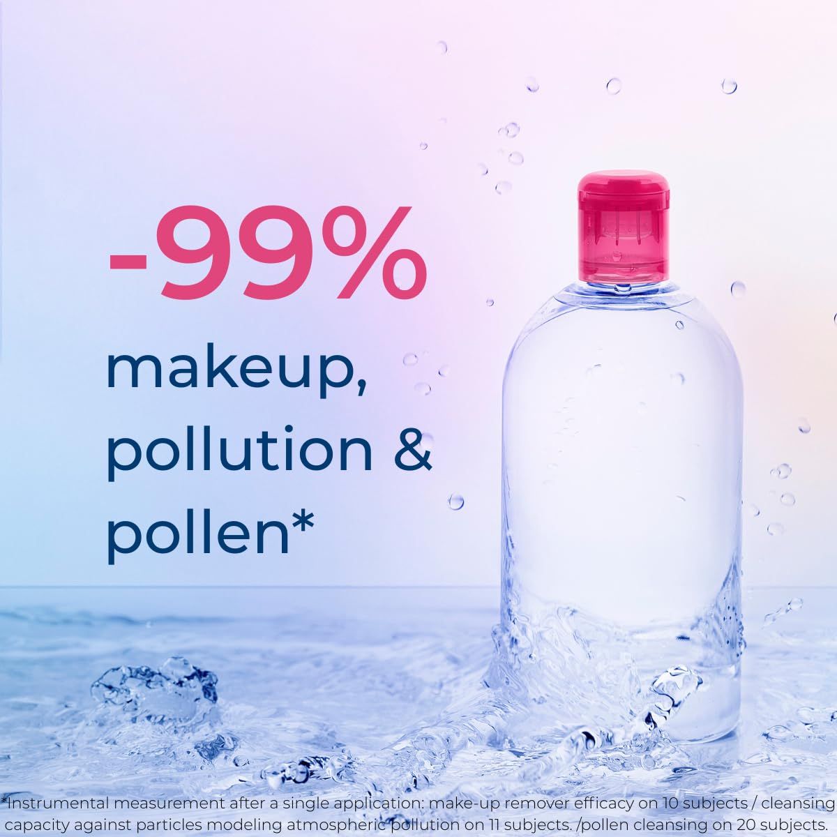 Communicates the product's exceptional effectiveness at removing makeup, pollution, and pollen with a bold quantifiable claim to build confidence in its cleansing performance. Highlights the…