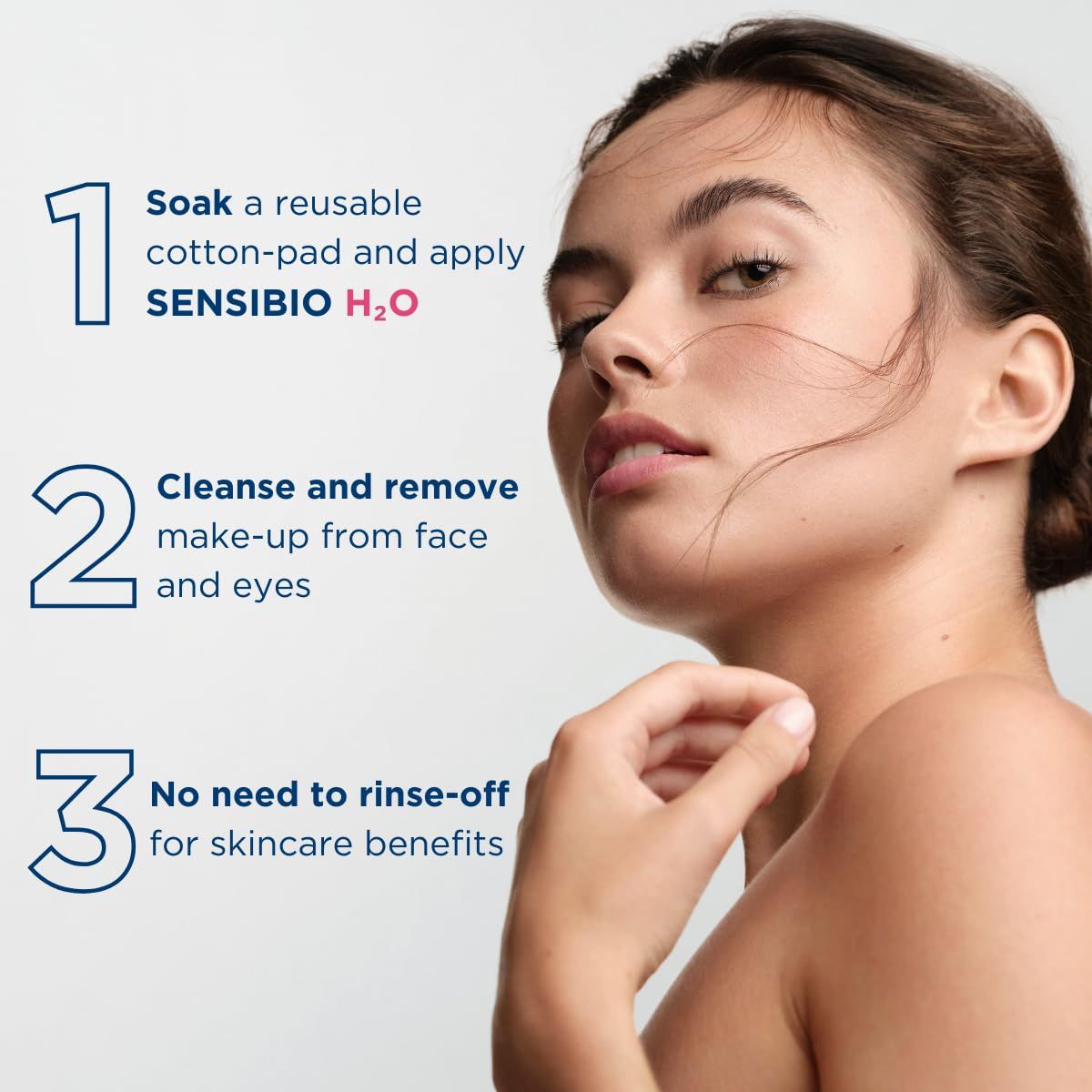 Provides clear step-by-step instructions on how to use the SENSIBIO H2O product for makeup removal and skincare, emphasizing ease of use and no-rinse convenience.