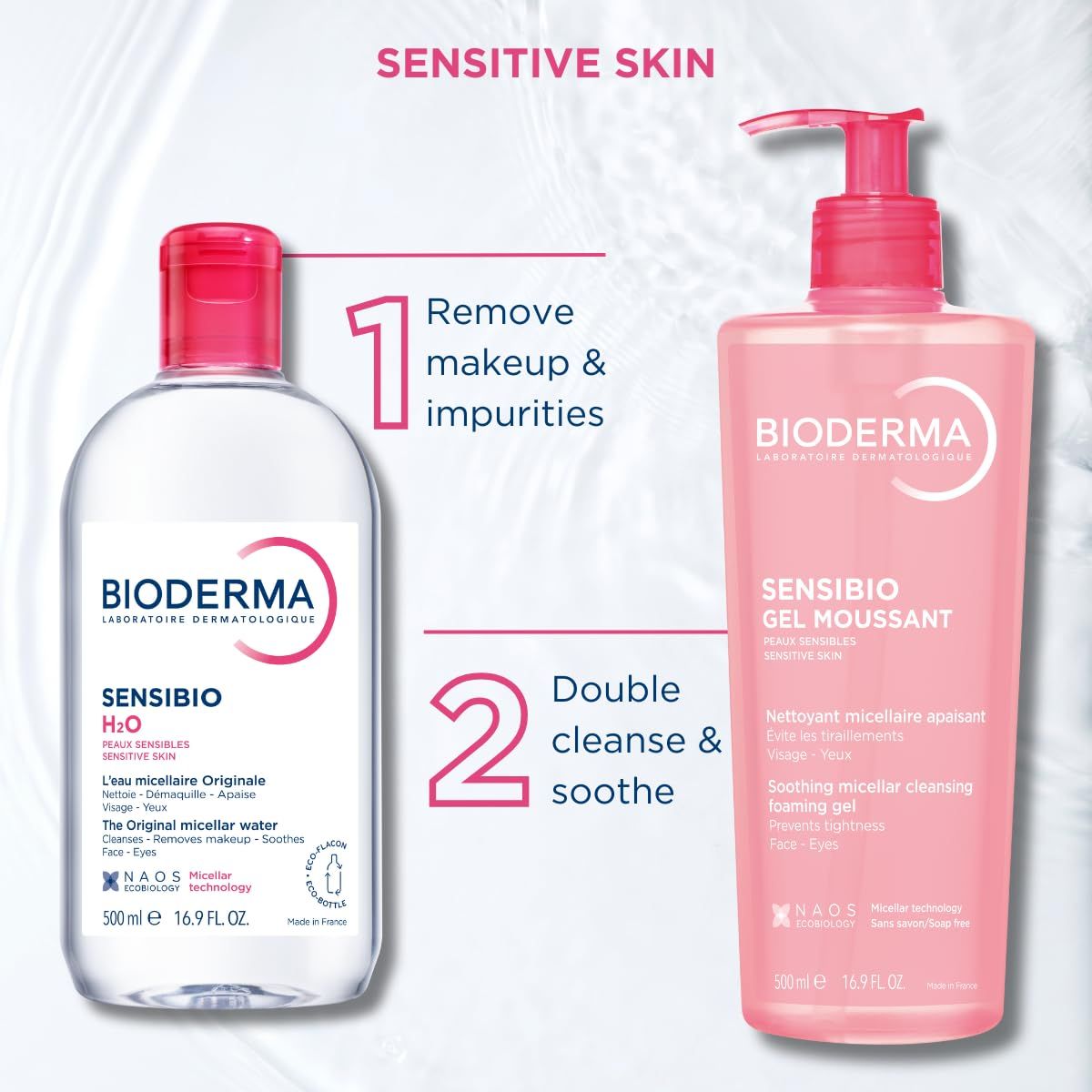 Demonstrates the proper usage sequence for the Bioderma skincare system: first remove makeup and impurities with the micellar water, then double cleanse and soothe with the foaming gel.