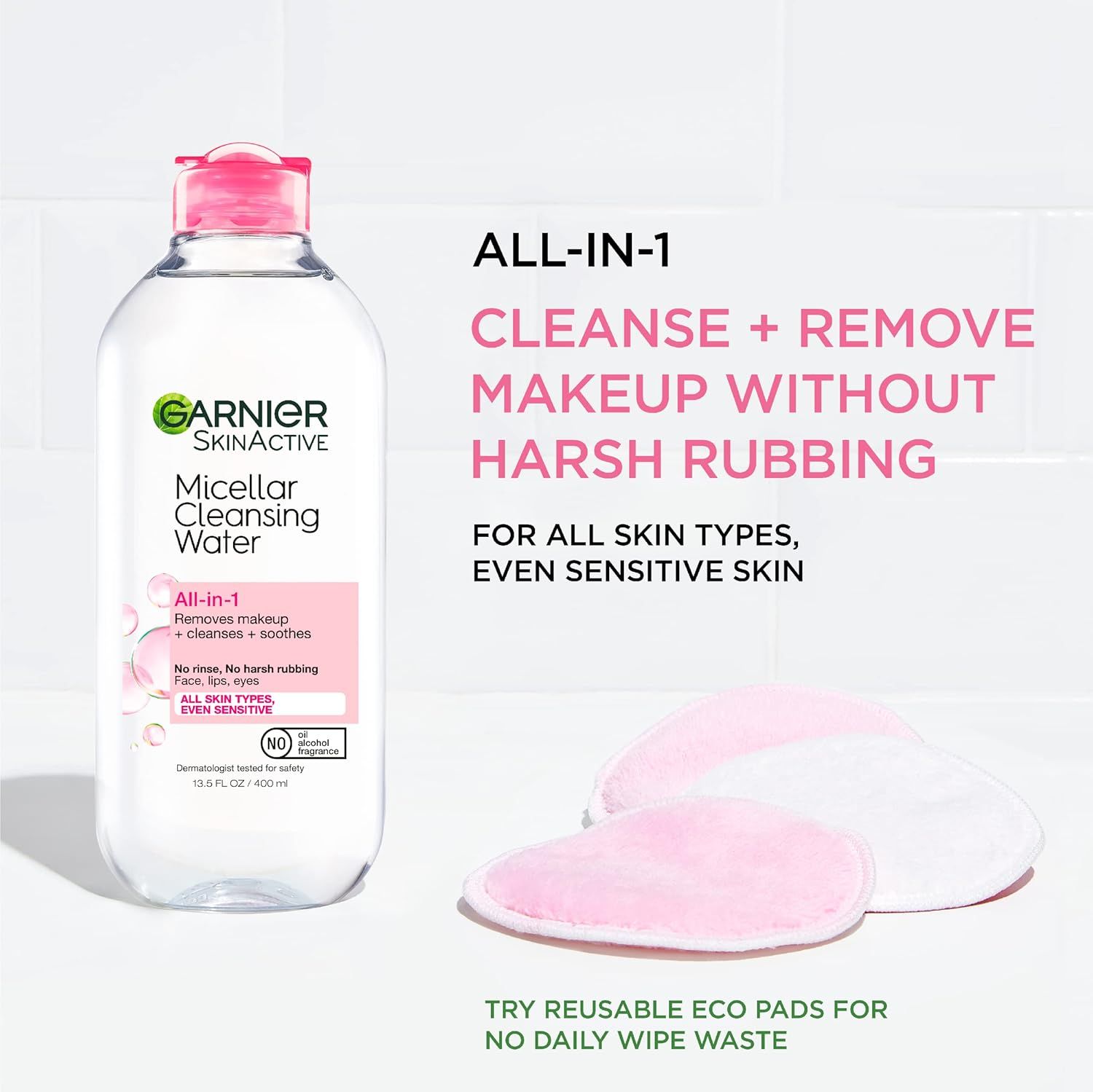 Communicates multiple product benefits including all-in-one makeup removal without harsh rubbing, suitability for all skin types including sensitive skin, and promotes eco-friendly reusable pads as…