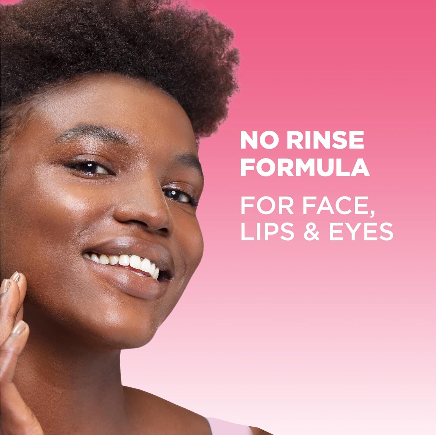 Communicates the convenience and ease of use of a no-rinse formula that can be used on face, lips, and eyes, appealing to shoppers looking for quick and simple skincare solutions.