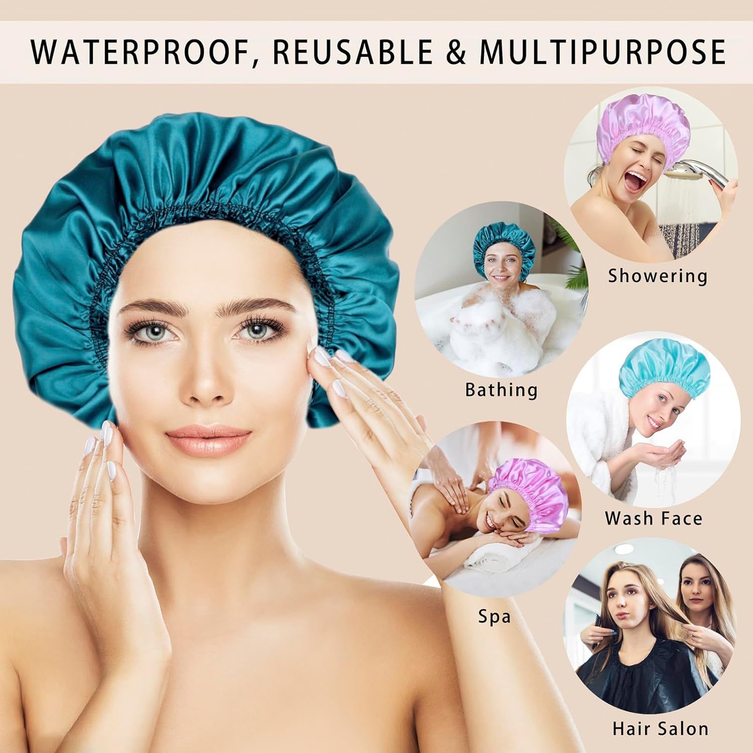 Demonstrates the versatility of the shower cap by showing five different real-world scenarios where it can be used, reassuring shoppers that it's a multipurpose product suitable for various personal…
