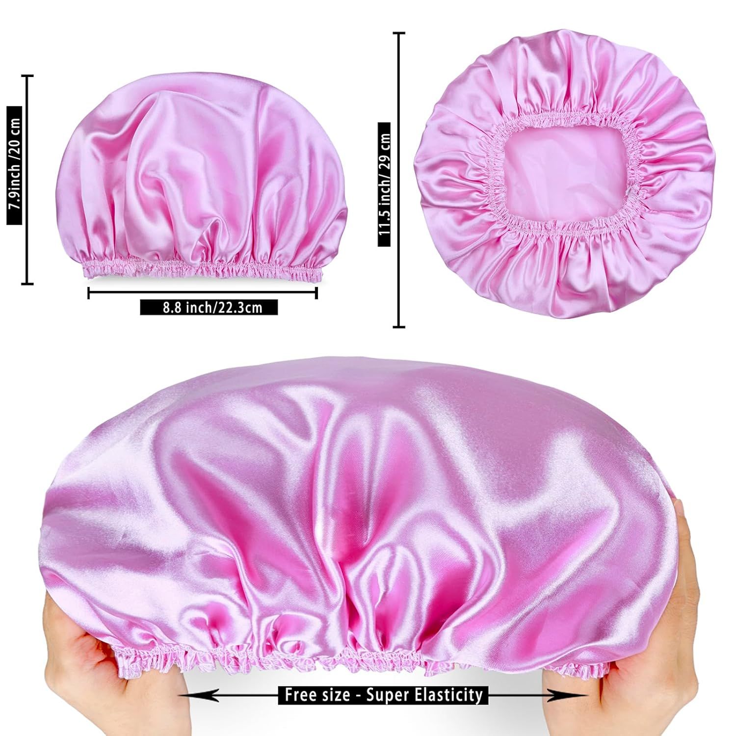 Communicates the exact physical dimensions of the shower cap (7.9 inch/20 cm height and 8.8 inch/22.3 cm width, plus 11.5 inch/29 cm diameter) and demonstrates its super elasticity to reassure…