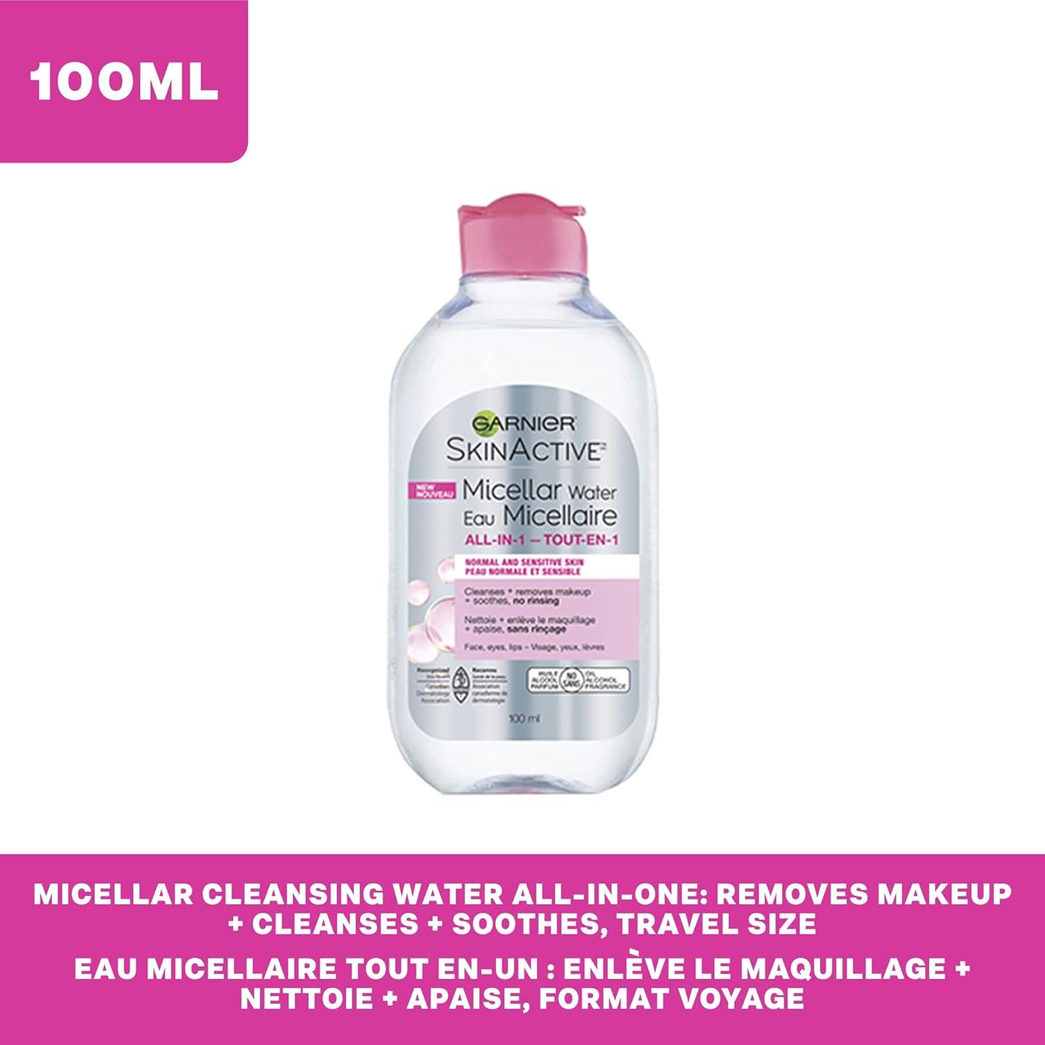 Communicates that this micellar water is an all-in-one solution that removes makeup, cleanses, and soothes skin, while emphasizing its convenient travel-friendly size.