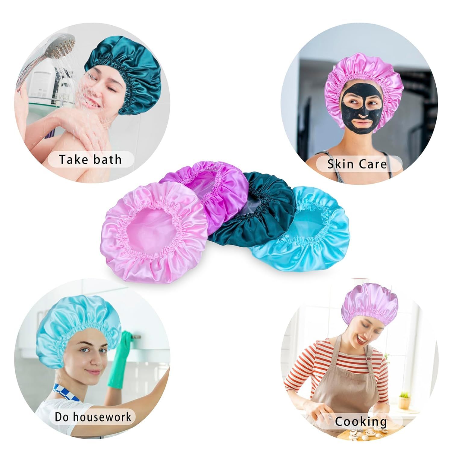 Demonstrates the versatility of the shower cap by showing four different real-world scenarios where it can be used, reassuring shoppers that it's practical for various daily activities beyond just…