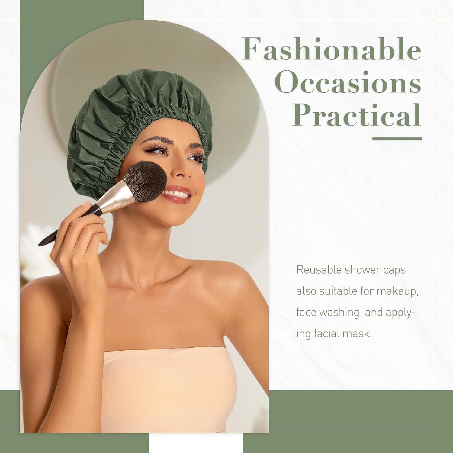 Demonstrates the versatility of the reusable shower cap by showing it can be used for multiple purposes beyond showering, including makeup application, face washing, and applying facial masks.…