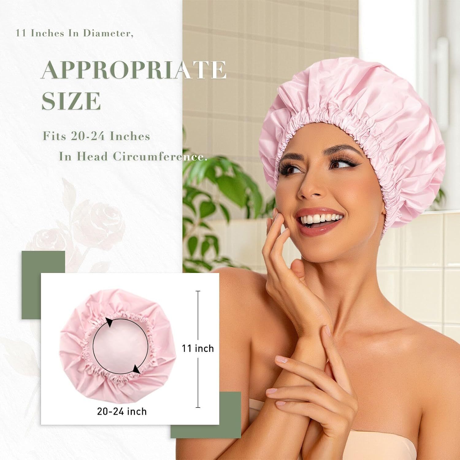 Communicates the physical dimensions of the shower cap (11 inches diameter) and confirms it fits head circumferences of 20-24 inches, helping shoppers determine if the product will fit them.…